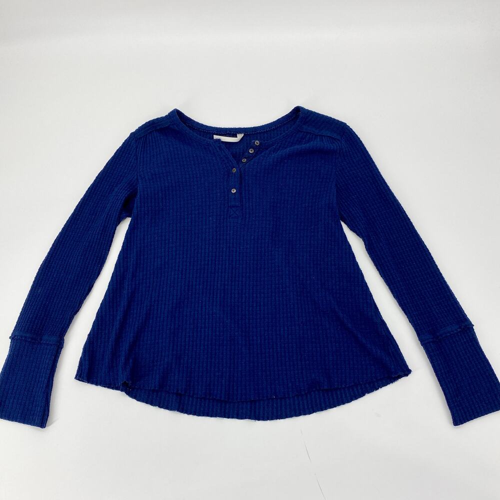 ANTHROPOLOGIE Waffle Knit Long Sleeve Shirt Womens Size S Oversized Blue